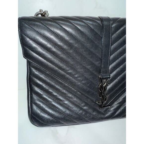 Saint Laurent College Large Matelassé Black Leather Shoulder Bag - Picture 8 of 13